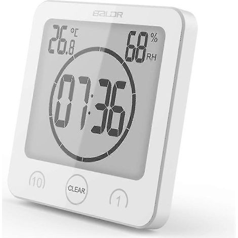 Horloge de salle de bain, minuteur de douche numérique, horloge de cuisine étanche avec thermomètre et hygromètre pour la douche, la cuisine et le maquillage. (1/4)
