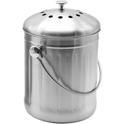 Seau Compost Inodore en Acier Inoxydable pour Cuisine - Poubelle Compost Cuisine - Comprend Filtres à Charbon de Rechange (INOX Brillant, 5 litres) (1/5)