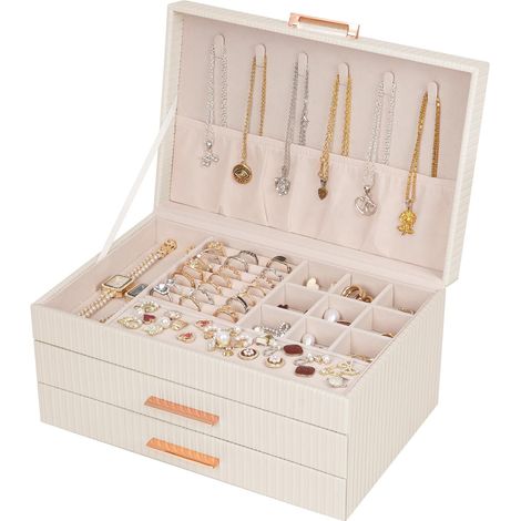 Dajasan Boite a Bijoux Femme, Boite à Bijoux avec 2 Tiroirs, 3 Niveaux Grande Boîte à Bijoux pour Coiffeuse, Cuir PU Imperméable Grain Vertical, Modern, Idée Cadeau pour Femme (Beige) (1/5)