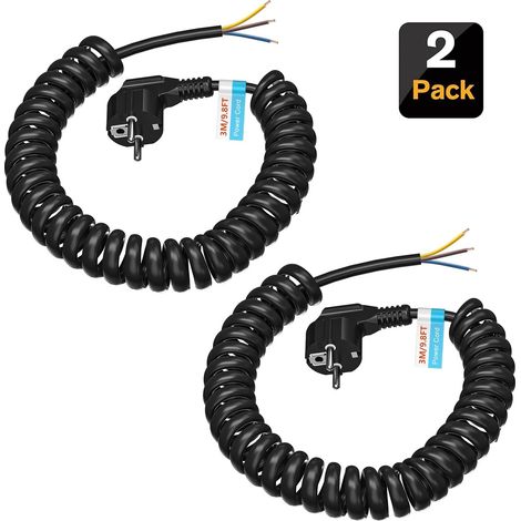 Lot de 2 rallonges spirales 250 V / 16 A Câble 3 fils Extensible de 0,75 m à 3 m Avec fiche de contact de protection IP20 Intérieur Noir (1/5)