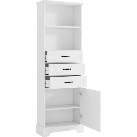 Meuble salle de bain blanc 56 cm 3 tiroirs étagères réglables rangement poignées noires pieds hauts laqué (1/5)