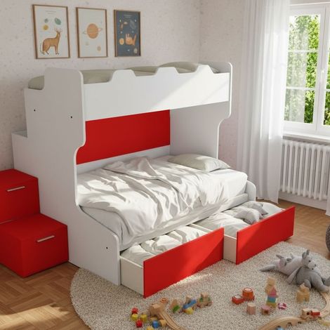 Letto a castello con gradini a cassetti e passerella - Una piazza e mezza e singola - Bianco e Rosso