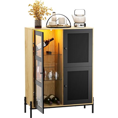 UEV Buffet Rangement Multifonctionnel à Vin, Meuble de Bar à Vin Industriel avec 2 Porte-Verres, Lumière d'ambiance LED, Design en Rotin, pour Salon, Cuisine, Bar, 80x35x107,5cm, Noir et Naturel (1/5)