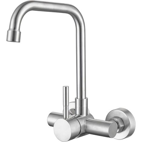 Robinet de Cuisine Mural 11cm(± 1,5 cm), Distance des Trous d'eau Chaude et Froide 110mm, Mitigeur Rotatif à 180°, Aérateur Démontable, Robinettrie Evier Encastré en Acier Inoxydable 304, Brossé (1/5)