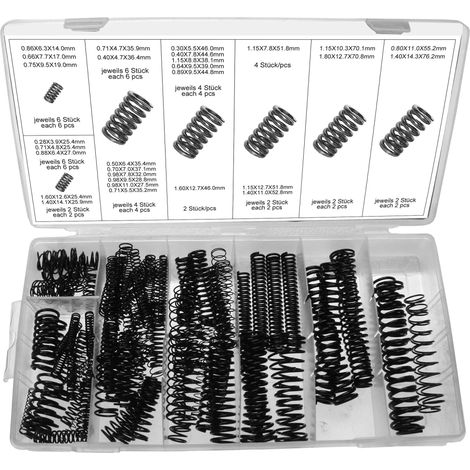 Assortimento di molle a spirale, molle in acciaio, molle in metallo, molle a compressione, con finitura nera, diversi spessori, 114 pezzi. (1/3)