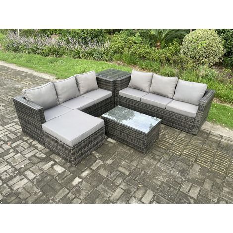 Fimous 7-Sitzer Rattan Gartenmöbel Set Outdoor Patio Sofa Set mit Länglichem Couchtisch Beistelltisch Großer Fußhocker Dunkelgrau Gemischt (1/4)