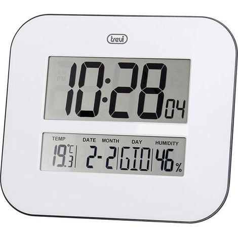 Trevi OM 3520 D Orologio Digitale Radiocontrollato con Ampio Display LCD, Termometro e Igrometro, Calendario Multilingue, Facile Installazione a Parete/Tavolo, Funzionamento a Batterie AA, Bianco (1/4)