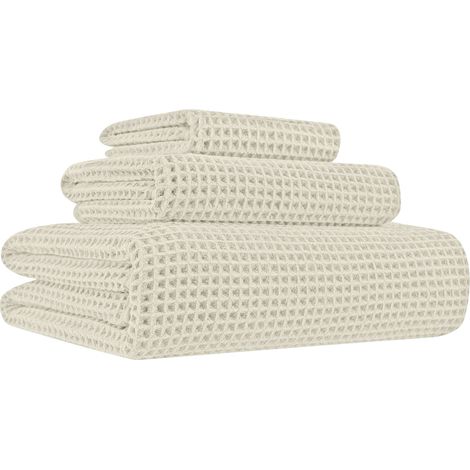 Set 3/5 Pezzi Asciugamani Bagno 100% Cotone Tessuto Nido D'ape Super Assorbenti Telo Doccia Salvietta Viso Asciugamano Salviette Teli Asciugamano Ospite Prodotto Italiano Beige - 3 Pezzi (1/5)