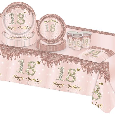 Ensemble de vaisselle jetable en carton pour 18e anniversaire avec assiettes, tasses, serviettes, nappes, pour 18 ans (16 invités) (anniversaire 18) (1/5)