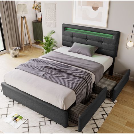 Cama tapizada con 2 cajones cabecero LED gris OKMYHOME (1/5)