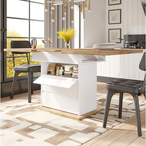Tavolo allungabile 110-140x80x75 cm bianco in MDF e metallo con piano estendibile e vano contenitore (1/5)