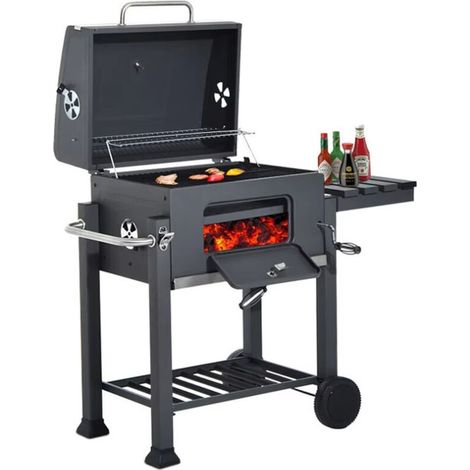 Barbecue charbon de bois avec couvercle XL, grande surface 55x36 cm, grille de maintien au chaud, thermomètre, tables latérales (1/5)