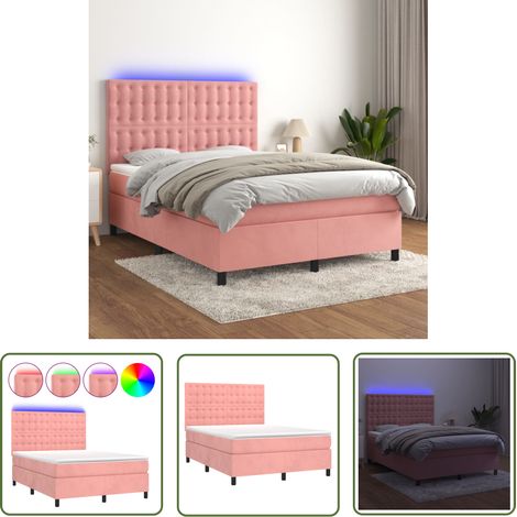 The Living Store Sommier à lattes de lit matelas et LED Rose 140x190 cm Velours - Lit Plateforme - Lit Capitonné - Lit Velours - Lit Avec Éclairage Led - Lit Double (1/5)