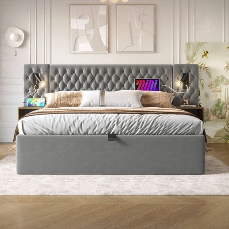Lit coffre 180 x 200 cm  gris en velours avec 2 chevets, tête de lit led et port usb (1/5)