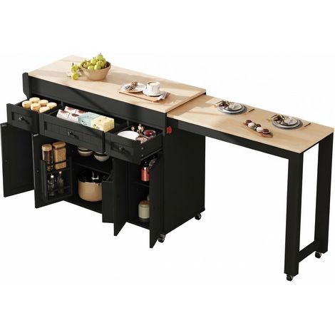 ELVMI Carro de Cocina con 3 Cajones, Estantes Ajustables y Encimera Extensible con Ruedas, MDF Negro Natural (1/5)