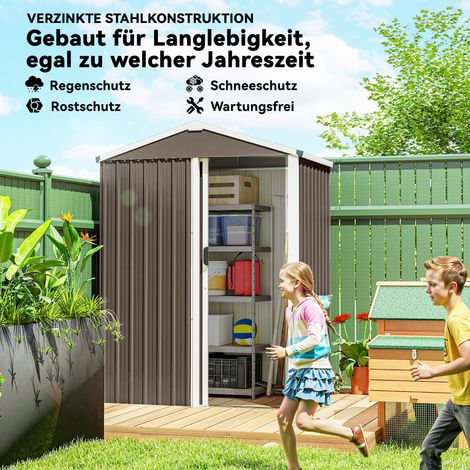 Abri de jardin en métal, 1,1 m², cabane de rangement pour outils avec toit incliné, porte coulissante sécurisée, 136 x 87 x 179 cm
