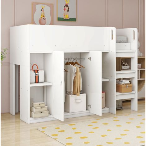 Cama dormitorio con almacenaje armario y escalera blanca OKMYHOME (1/5)
