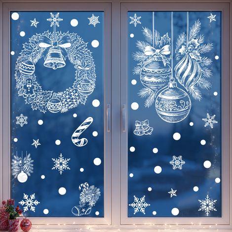 Autocollants de Noël, traîneau, boîte cadeau, autocollants pour vitres, flocons de neige blancs, sapin de Noël, autocollants électrostatiques, décorations de fenêtre, autocollants pour fenêtres.