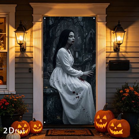 Décoration extérieure d'Halloween pour porte : bannière, décor effrayant, drapeau pour scène de fête - 90 x 180 cm (perforation + ruban) - Style 27