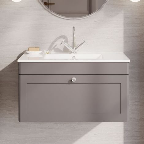Nuie Classique Wall Hung 1-Drawer Vanity Unit with 1TH Minimalist Basin 800mm Wide - Satin Grey