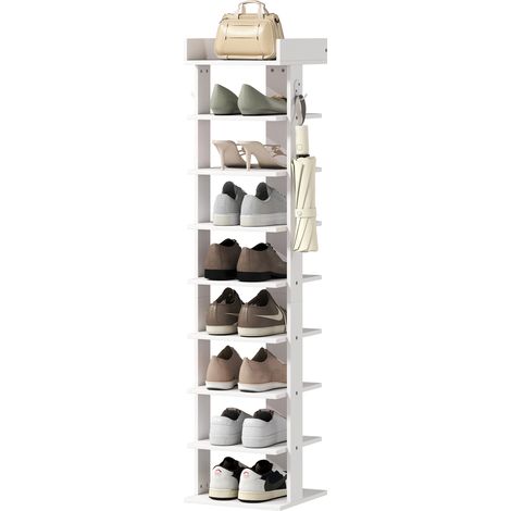 Schuhregal mit 9 Ebenen, Organizer für 9 Paar Schuhe mit Ablagefach oben, 2 Haken, 30 x 30 x 128,4 cm, Weiß