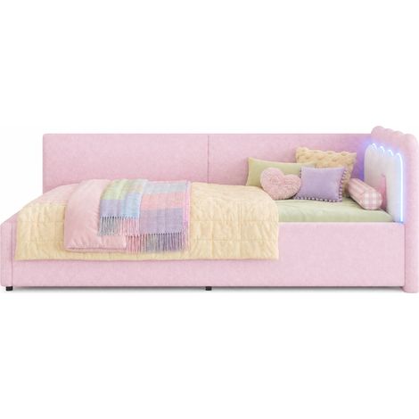 Sofá cama 90x200 cm con LED ambiental regulable, cabecero bicolor y estructura de MDF, tapizado en tela rosa, estilo juvenil y 300 kg de carga  CHICFURN (1/5)