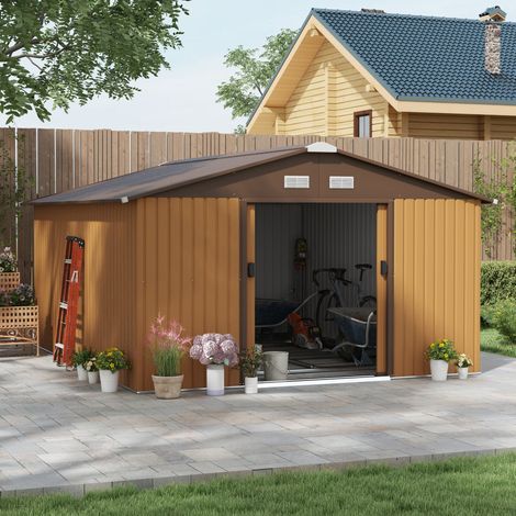 Casetta da giardino in acciaio zincato 340 x 386 x 200 cm gialla con base, OKWISH (1/5)