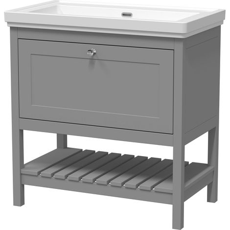 Balterley Coppenhall Bathroom Floor Standing 1 Drawer Vanity & 0 Tap Hole Basin, Cool Grey, 830mm (1/4)