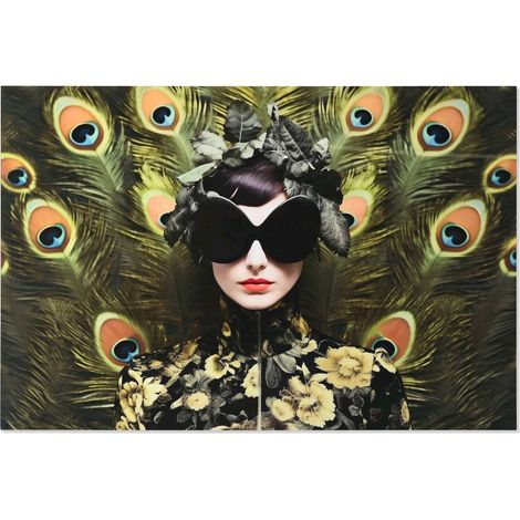 Portrait artistique femme paon multicolore sur verre trempé décoratif - Paon multicolore avec accents noirs (1/5)