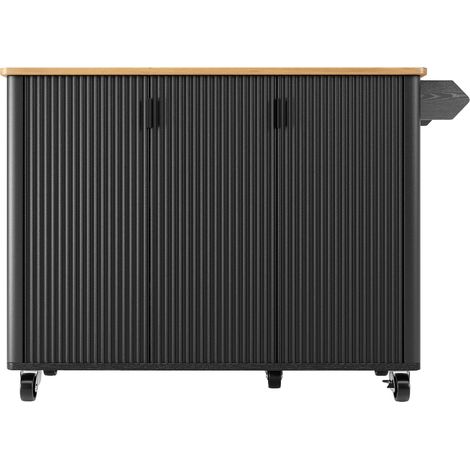 Isla de cocina con ruedas de MDF negra 130x45(75)x92 cm con 3 puertas y estantes ajustables (1/5)