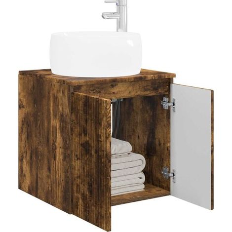 Meuble de Salle de Bain Suspendu en Chêne Fumé, 49.5 x 44.5 x 66 cm, Rangement Moderne avec Lavabo Intégré pour WC et Douche (1/5)