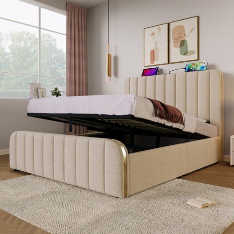 MODFU – Letto matrimoniale con contenitore idraulico 160x200 cm in lino e metallo con USB, USB-C, testiera imbottita, doghe in legno e portata 200 kg – Beige (1/5)