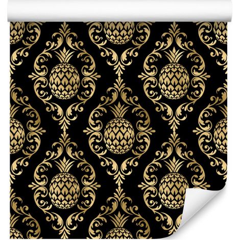 Papel pintado con estampado tropical en negro y dorado ocre, formas suaves, 50x1000 cm. (1/5)