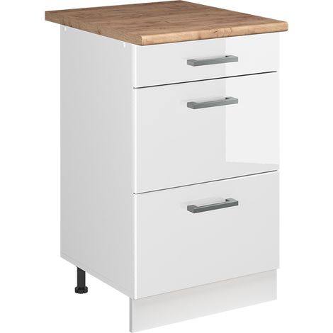 Mobiletto base per cucina R-Line, Bianco lucido/Bianco, 50 cm piano di lavoro Rovere dorato, Vicco (1/5)