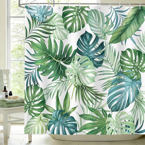 Rideau de Douche 180 x 180 cm Vert Bleu Feuilles de Palmier Monstera Jungle Fond Blanc Rideaux de Baignoire Tissu Polyester Imperméable pour Salle de Bain Lavable en Machine avec 12 Crochets (1/5)