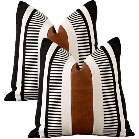 Sollbry Lot de 2 housses de coussin bohème noir blanc avec cuir moderne 18 x 18 pouces taie d'oreiller à rayures ferme pour canapé-lit (1/5)