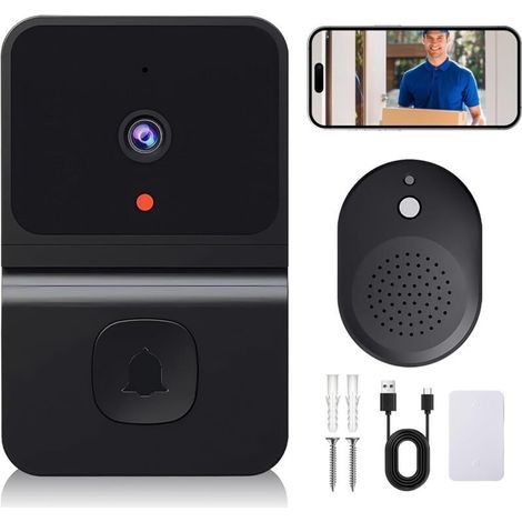 Vidéo sonnette de porte avec caméra sans câble, Wi-Fi vidéo sonnette de porte avec caméra, 2.4GWifi vidéo sonnette de porte vue nocturne/2 voies audio/prend en charge SD & mémoire cloud avec cloche (1/5)