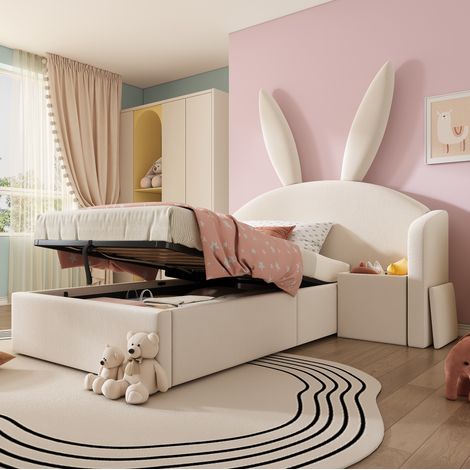 Lit coffre 90x200 cm - Avec tête de lit - Avec table de chevet - En velours - Beige - Sans matelas (1/5)