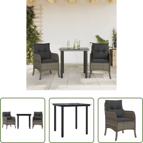 vidaXL Gartenstuhl - 3-tlg. Garten-Essgruppe mit Kissen Grau Poly Rattan (1/5)