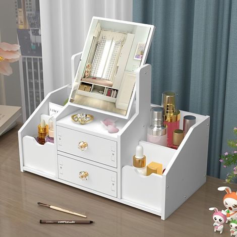 Organizzatore per trucchi, organizer per cosmetici, organizer da toeletta con specchio, organizer multifunzionale da scrivania per cosmetici, organizer per trucchi bianco (1/5)