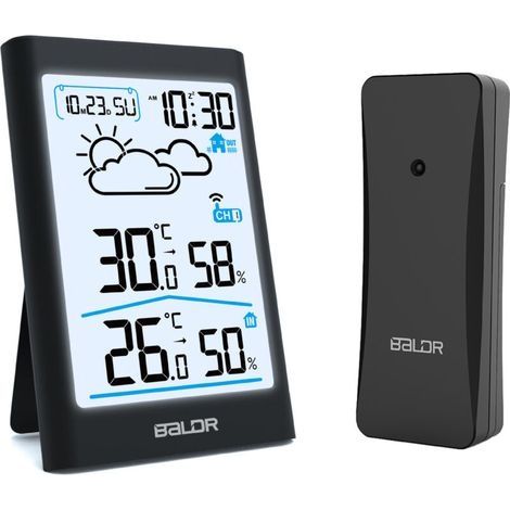 Compteur de température et d'humidité intérieure et extérieure domestique Station météo sans fil Affichage grand écran LCD Prévisions météo Réveil électronique(noir) (1/4)