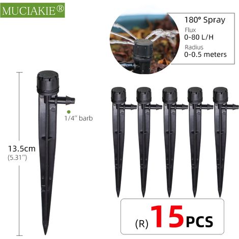 (Rx15pcs) 24 types d'arroseurs de jardin avec piquet, goutteurs à réfraction à atomisation réglable, buses à vortex, raccord cannelé 1/4'' (1/5)