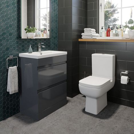 600mm Bathroom Drawer Vanity Unit Basin Modern Soft Close Toilet WC Gloss Grey (1/5)