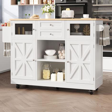 Îlot cuisine roulant blanc effet bois portes 3d étagères réglables porte-serviette meuble cuisine (1/5)