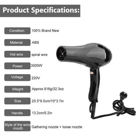 Sèche-cheveux - 3000 W - Température Ionique Négative - Trois Régles Température Deux Vitesses - Pour Salon Et Usage Domestique - 1 Pièce (1/5)
