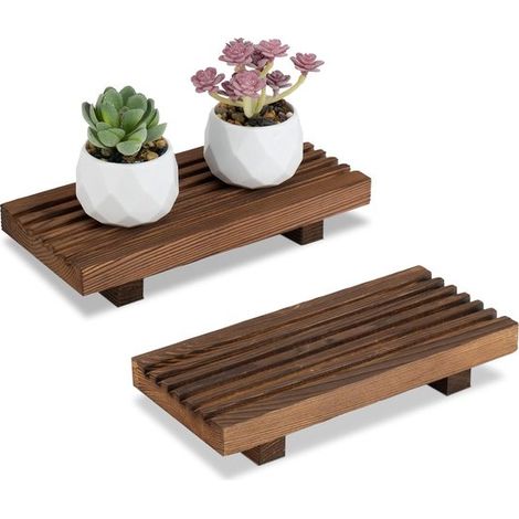Étagères de rangement à 2 niveaux – Accessoires de salle de bain – Support de rangement – Support pour plantes – Bois massif marron foncé (1/5)