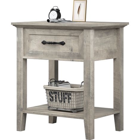 Table de Chevet Moderne en Bois avec Tiroir et Étagère, Table d'Appoint Étroite Carrée (1/5)