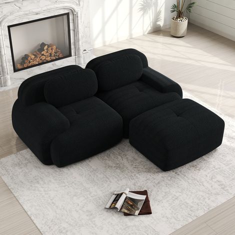 Ecksofa – 208 x 175 x 70 cm – modular mit geschwungenen Armlehnen – Schaumstoffpolsterung – aus Cord – schwarz