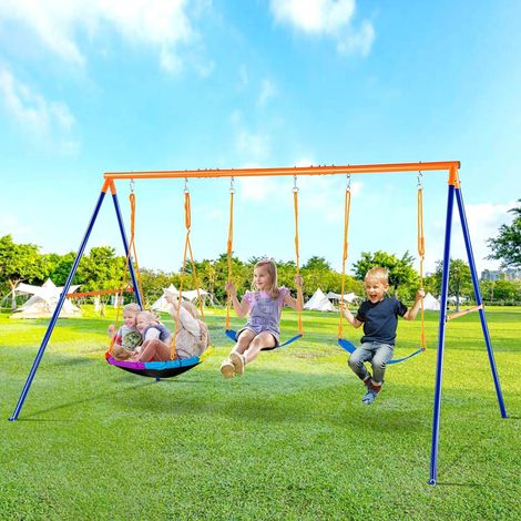 SucceBuy Portique de balançoire pour enfants – Avec balançoire nid, 2 sièges classiques, structure métallique A robuste, charge 600 lbs