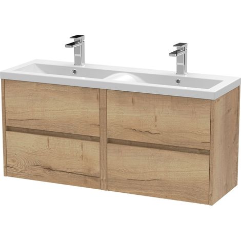 Chartley Contemporary 4 Drawer Wall Hung Vanity Unit with Double Basin, Autumn Oak, 1200mm